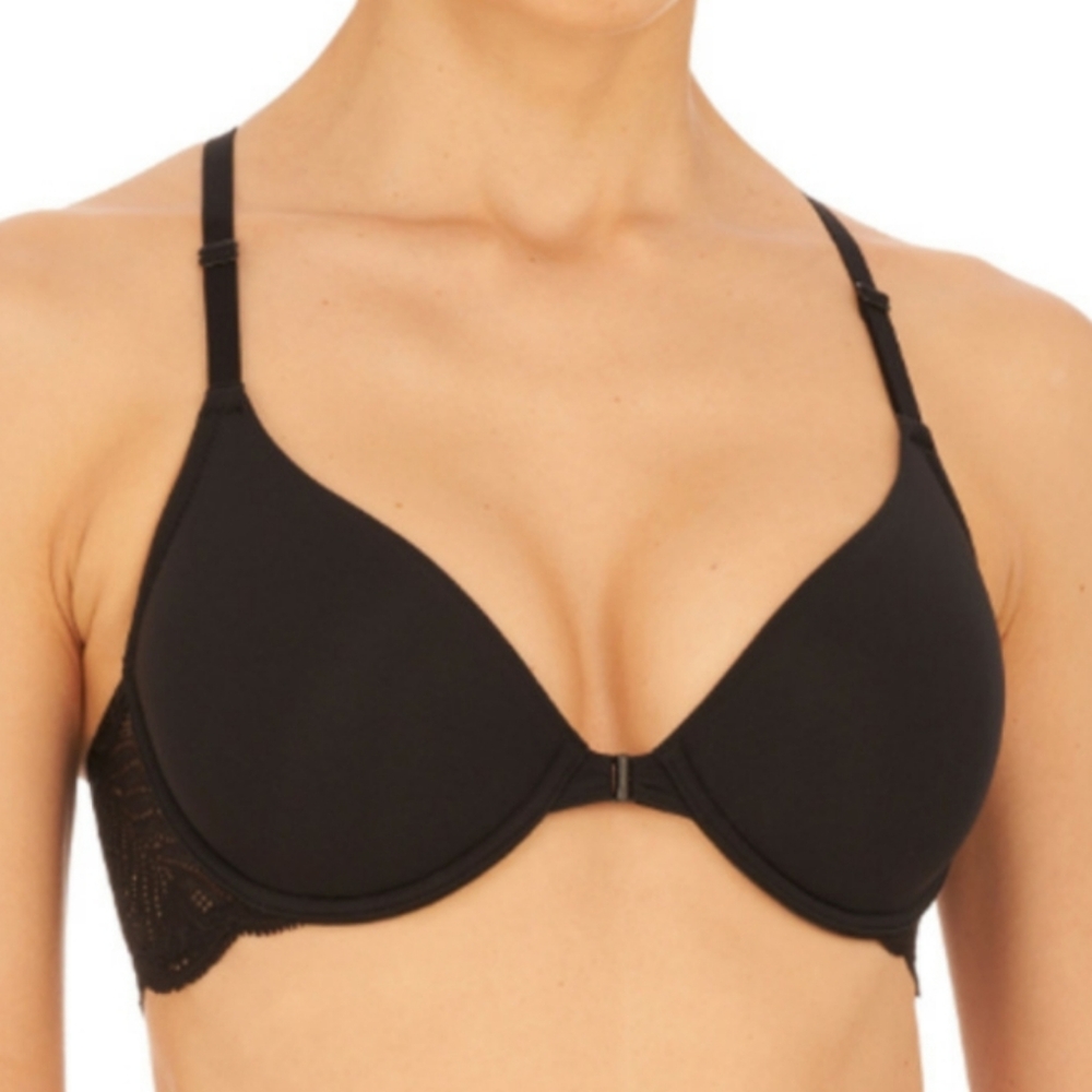 Natori Black Front-Closure T-Shirt Bra with Lace Side Panels